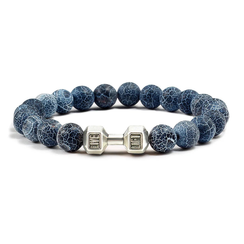 Bracelet en pierre volcanique naturelle Hommes Noir mat Lave Blanc Perles Breloque Haltère Brins Bracelets Femmes Barre Fitness Bijoux