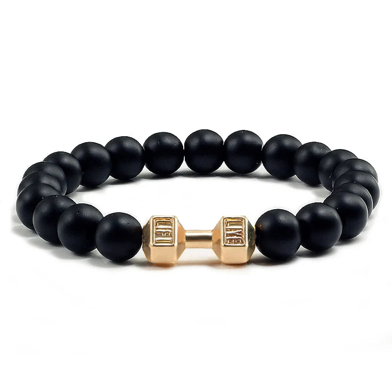 Bracelet en pierre volcanique naturelle Hommes Noir mat Lave Blanc Perles Breloque Haltère Brins Bracelets Femmes Barre Fitness Bijoux