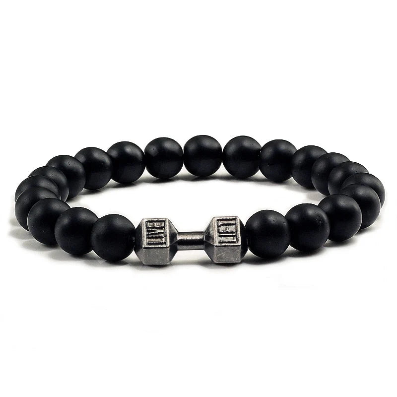 Bracelet en pierre volcanique naturelle Hommes Noir mat Lave Blanc Perles Breloque Haltère Brins Bracelets Femmes Barre Fitness Bijoux