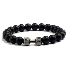 Bracelet en pierre volcanique naturelle pour hommes et femmes, noir mat, perles blanches, breloque, haltère, bijoux de Fitness