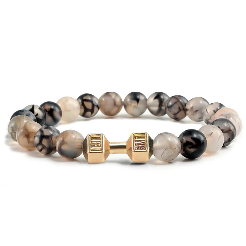Bracelet en pierre volcanique naturelle Hommes Noir mat Lave Blanc Perles Breloque Haltère Brins Bracelets Femmes Barre Fitness Bijoux