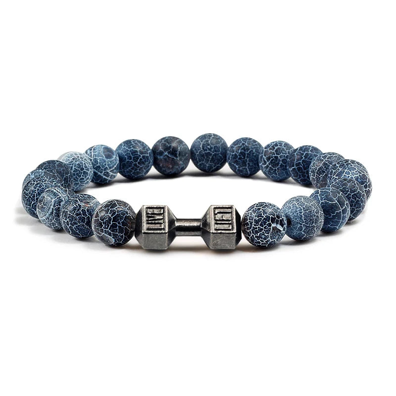 Bracelet en pierre volcanique naturelle Hommes Noir mat Lave Blanc Perles Breloque Haltère Brins Bracelets Femmes Barre Fitness Bijoux