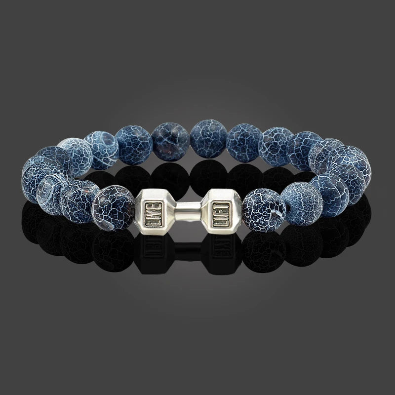 Bracelet en pierre volcanique naturelle Hommes Noir mat Lave Blanc Perles Breloque Haltère Brins Bracelets Femmes Barre Fitness Bijoux