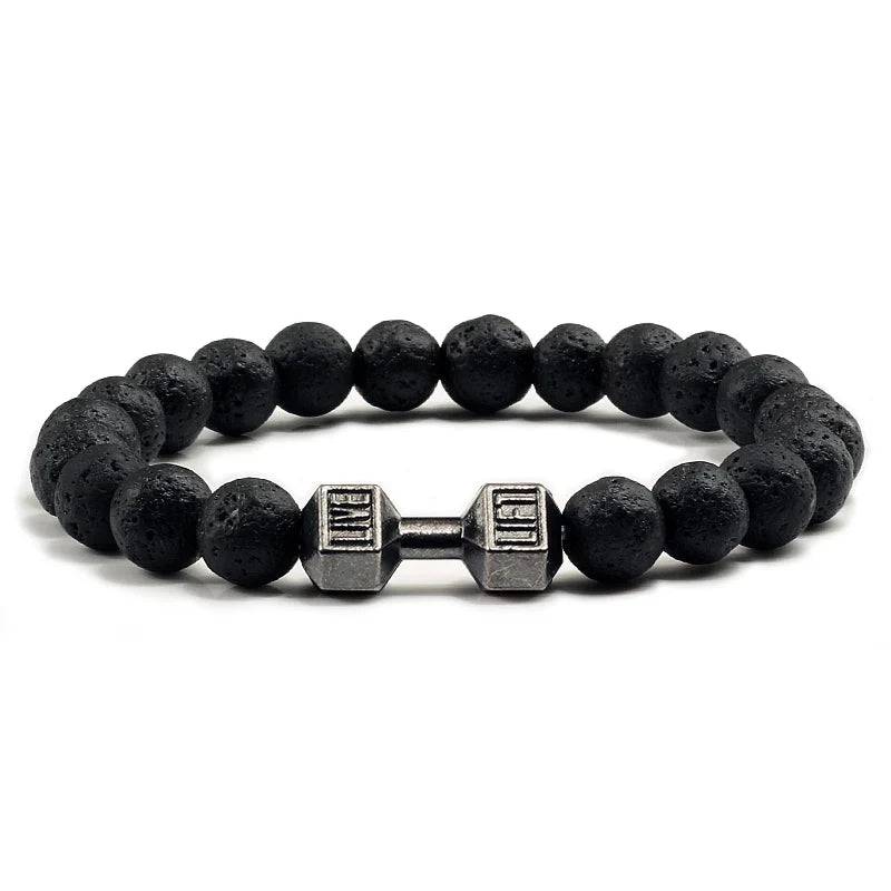 Bracelet en pierre volcanique naturelle Hommes Noir mat Lave Blanc Perles Breloque Haltère Brins Bracelets Femmes Barre Fitness Bijoux