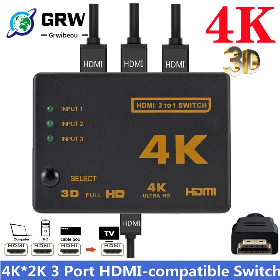 Répartiteur de câble HDMI 4K 2K 3x1, adaptateur de commutation vidéo HD 1080P, 3 entrées 1 Port de sortie, Hub HDMI pour Xbox PS4 DVD HDTV PC portable TV