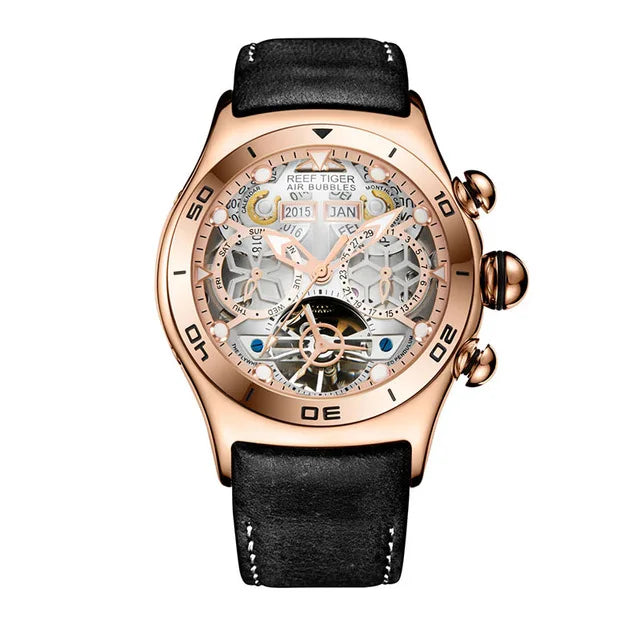Reef Tiger-Montres Automatiques Seton pour Homme, Modules Or Rose, Bracelet Cuir Tourbillon, Montre dehors Étanche, Luxe, RIncome 703