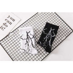 Chaussette Hip Hop en coton pour hommes, Style de rue, Skateboard Harajuku, noir et blanc, chaussettes joyeuses à motifs de foudre