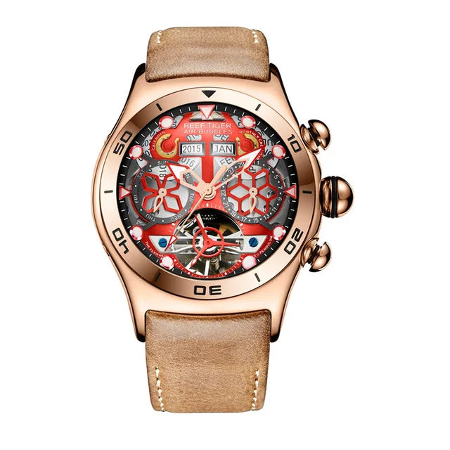 Reef Tiger-Montres Automatiques Seton pour Homme, Modules Or Rose, Bracelet Cuir Tourbillon, Montre dehors Étanche, Luxe, RIncome 703