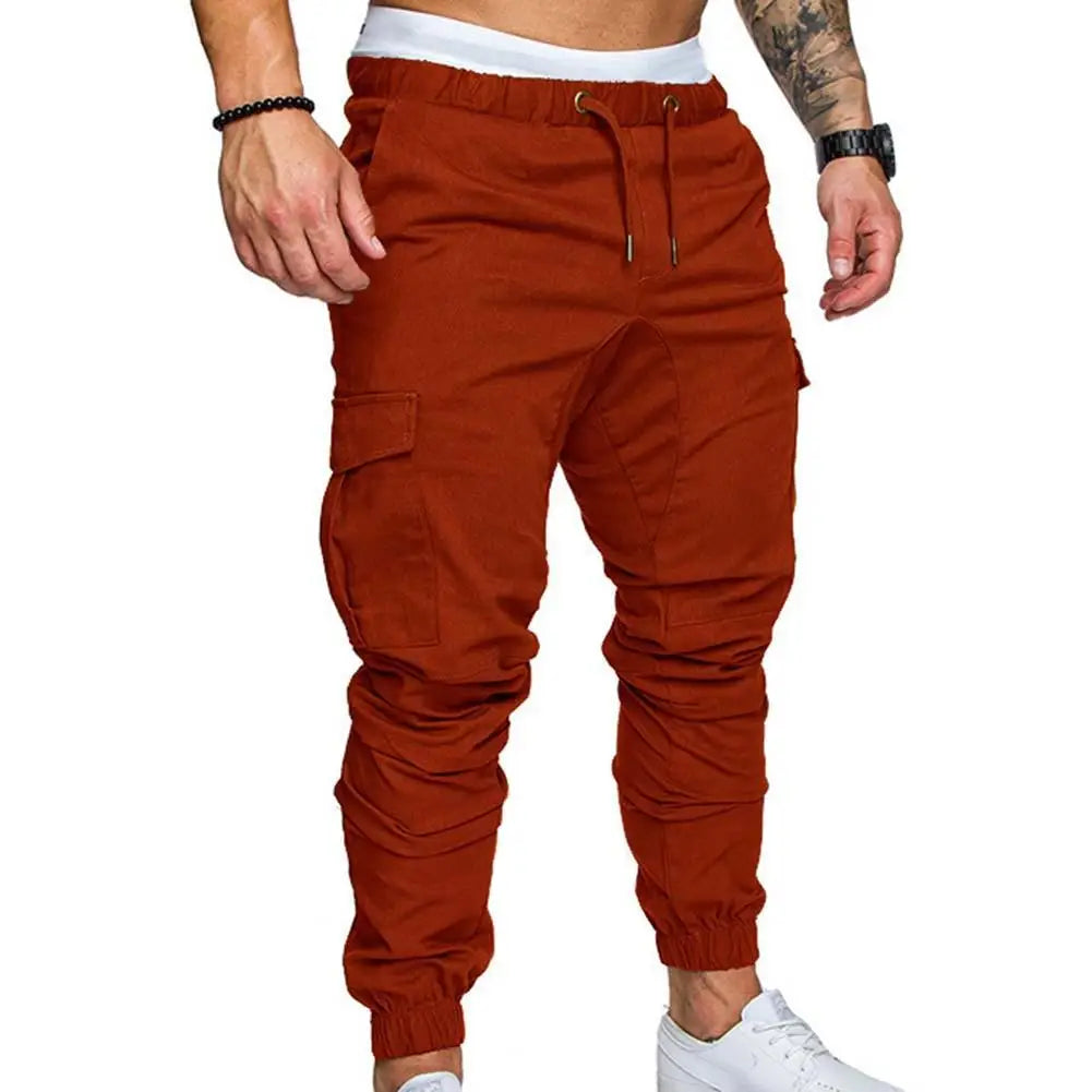 Men Casual Pants Plus Size Men Solid Color Multi Pocket Drawstring Ankle Tie Cargo Pants Trousers Summer Hottest Weight Pants