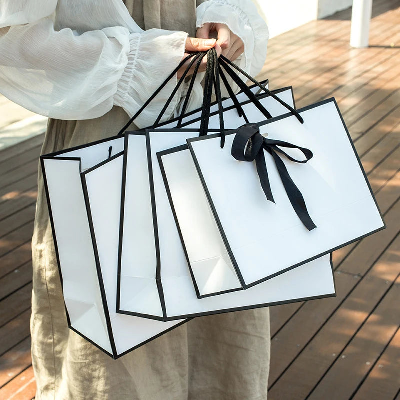 Sac en Papier Blanc avec Votre Propre Logo et Bowkno, Cadeau Élégant et Personnalisé, Imprimé de Luxe, Vente en Gros, 500 Pièces/Lot