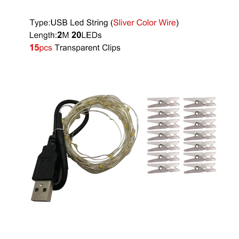 Guirlande lumineuse LED 5M 10M, Clip Photo USB, guirlande lumineuse féerique à piles, pour chambre à coucher, fête à domicile, mariage, décoration de noël