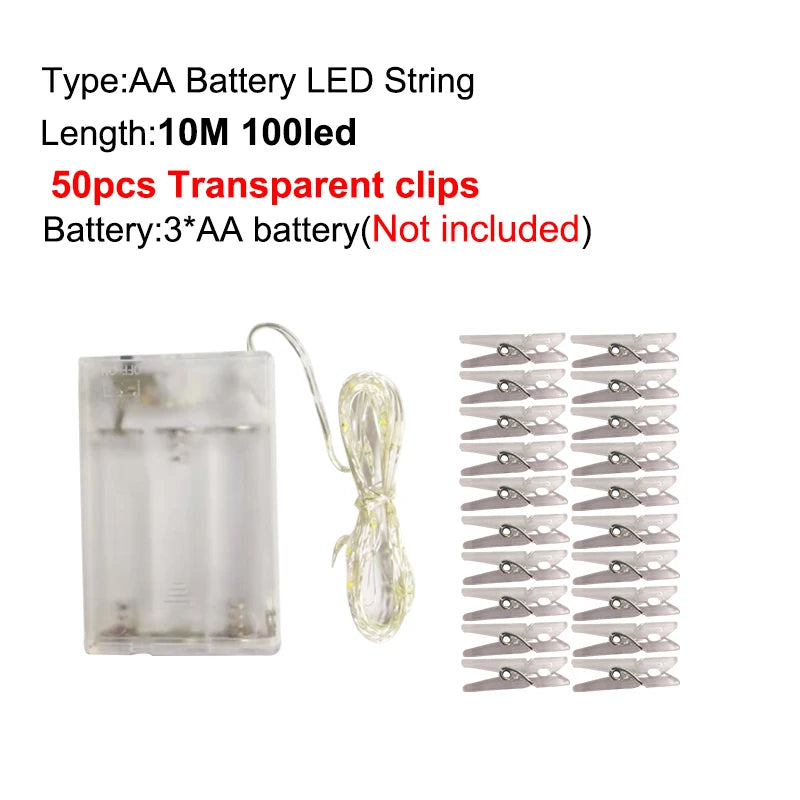 Guirlande lumineuse LED 5M 10M, Clip Photo USB, guirlande lumineuse féerique à piles, pour chambre à coucher, fête à domicile, mariage, décoration de noël