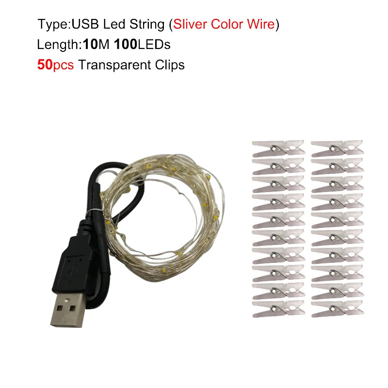 Guirlande lumineuse LED 5M 10M, Clip Photo USB, guirlande lumineuse féerique à piles, pour chambre à coucher, fête à domicile, mariage, décoration de noël