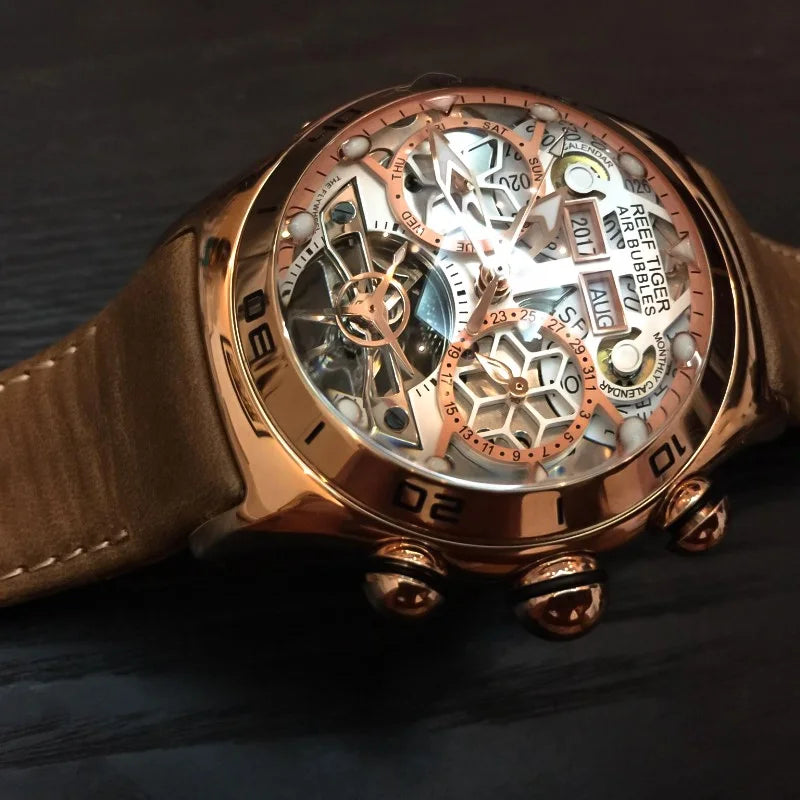 Reef Tiger-Montres Automatiques Seton pour Homme, Modules Or Rose, Bracelet Cuir Tourbillon, Montre dehors Étanche, Luxe, RIncome 703