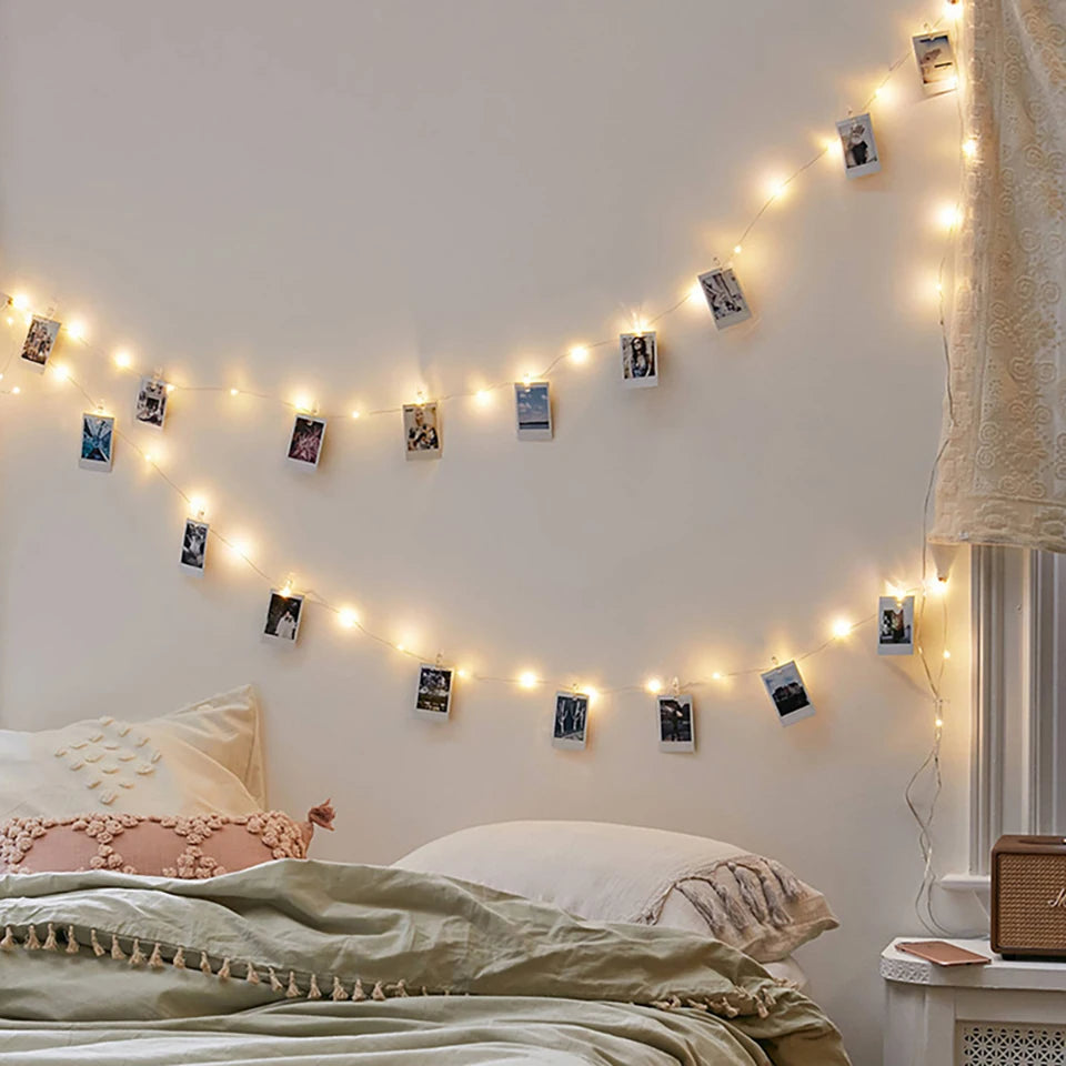 Guirlande lumineuse LED 5M 10M, Clip Photo USB, guirlande lumineuse féerique à piles, pour chambre à coucher, fête à domicile, mariage, décoration de noël