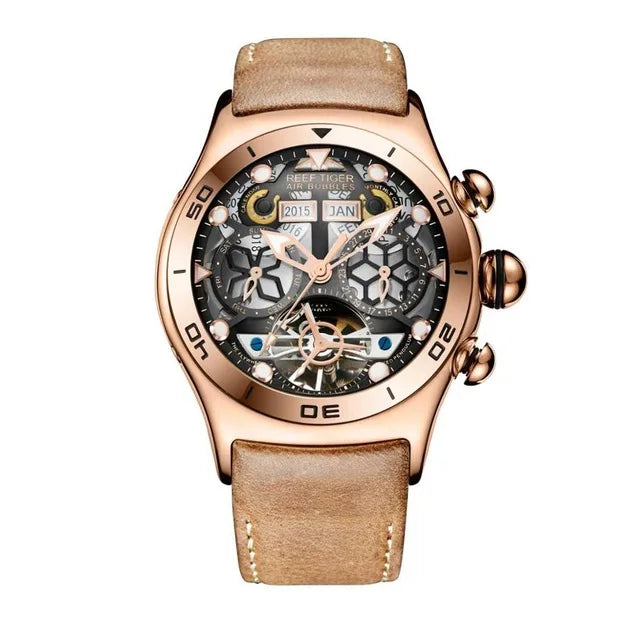 Reef Tiger-Montres Automatiques Seton pour Homme, Modules Or Rose, Bracelet Cuir Tourbillon, Montre dehors Étanche, Luxe, RIncome 703