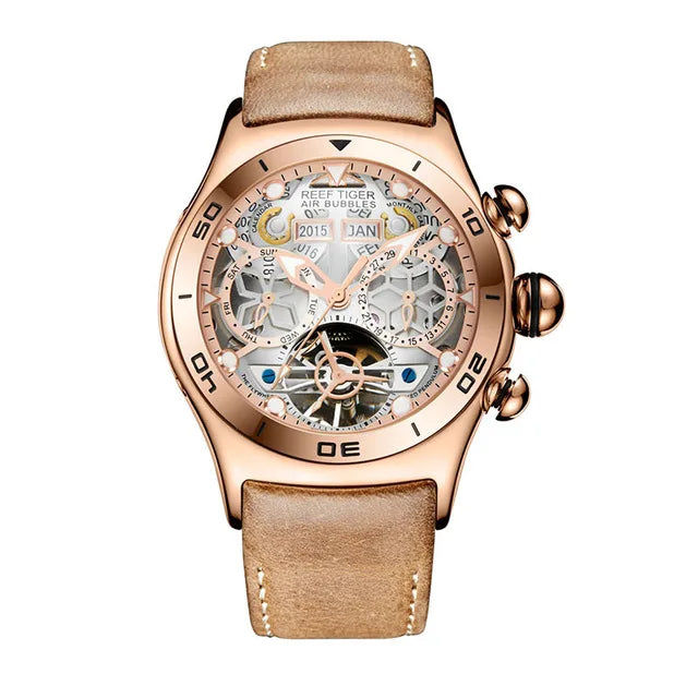 Reef Tiger-Montres Automatiques Seton pour Homme, Modules Or Rose, Bracelet Cuir Tourbillon, Montre dehors Étanche, Luxe, RIncome 703