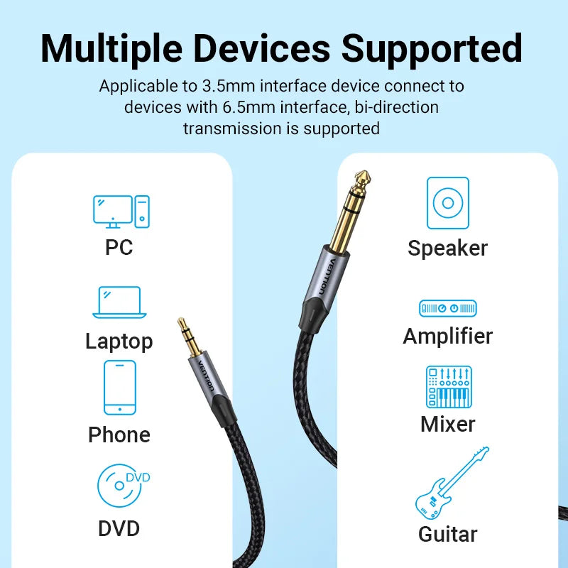 Vention 3.5mm à 6.35mm adaptateur câble auxiliaire pour mixeur amplificateur plaqué or Jack 3.5 vers jack 6.5 0.5m 3m 5m Aux cabo mâle à mâle