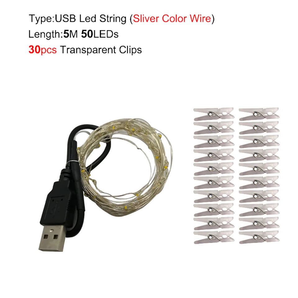 Guirlande lumineuse LED 5M 10M, Clip Photo USB, guirlande lumineuse féerique à piles, pour chambre à coucher, fête à domicile, mariage, décoration de noël