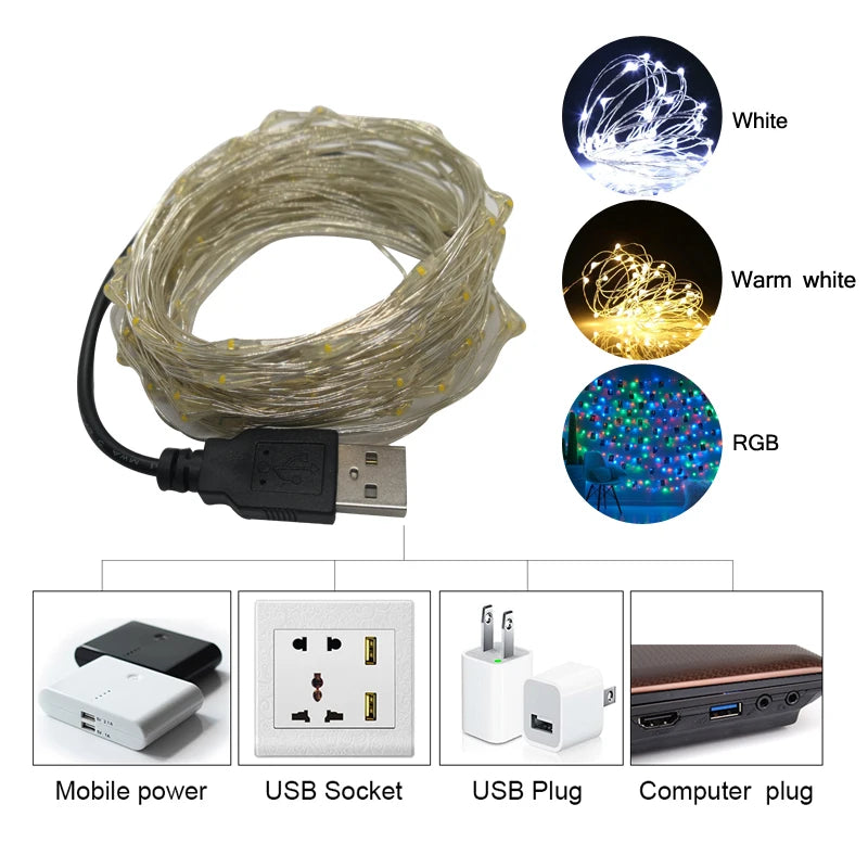 Guirlande lumineuse LED 5M 10M, Clip Photo USB, guirlande lumineuse féerique à piles, pour chambre à coucher, fête à domicile, mariage, décoration de noël