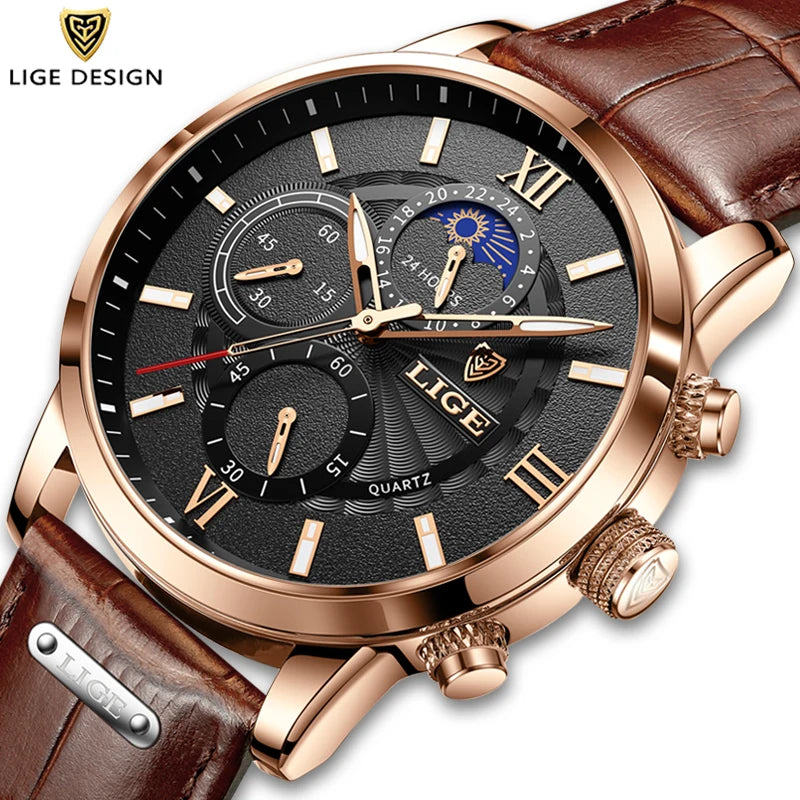 2024 Nouvelles Montres Pour Hommes LIGE Top Marque Luxe Cuir Casual Quartz Montre Hommes Sport Étanche Horloge Montre Relogio Masculino+Box