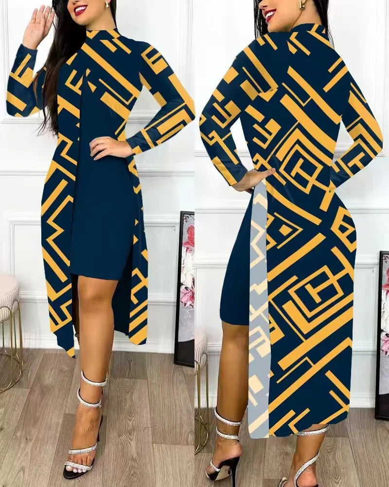 Ensemble deux pièces pour femmes, robes imprimées, manches longues, col mi-haut, Cardigan fendu, costumes élégants, ligne A, bureau, Y2k