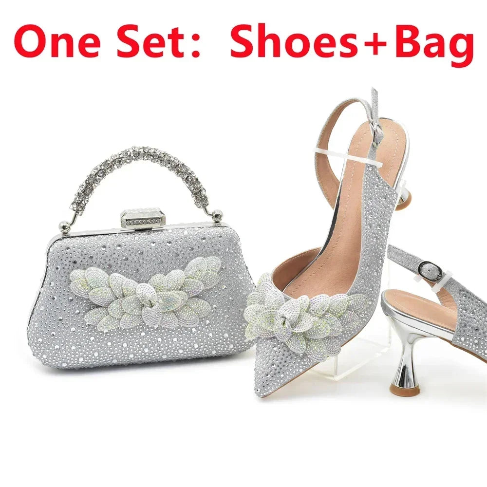 Ensemble de chaussures et de sacs italiens de luxe pour femmes, escarpins de mariage à bout pointu, talons hauts, strass, ensemble de chaussures et de sacs de fête pour dames