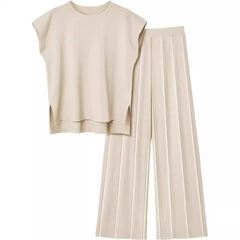 Ensemble deux pièces pour femmes, pantalon, col rond, gilet sans manches, tricot, taille haute, couleur unie, jambes larges, pantalon Long, ample, élégant, épissure