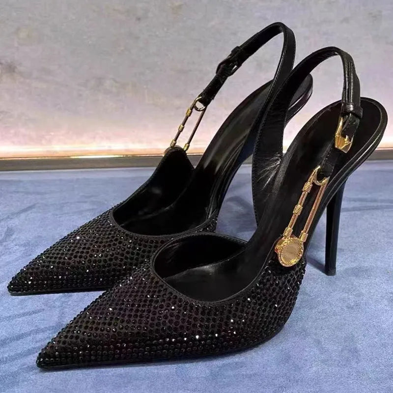 Escarpins de luxe à strass et paillettes pour femmes, chaussures élégantes à bout pointu, talons aiguilles, chaussures à la mode printemps été