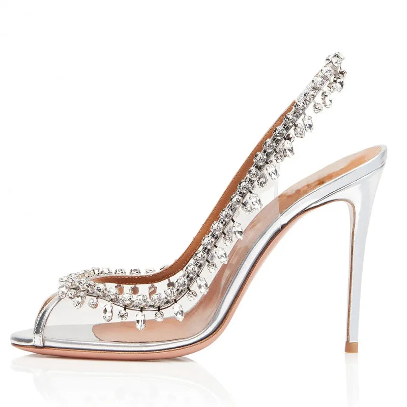 Sandales d'été à talons hauts pour femmes, bouche de poisson transparente avec chaîne en strass, talons aiguilles, chaussures à dos vide, nouvelle collection