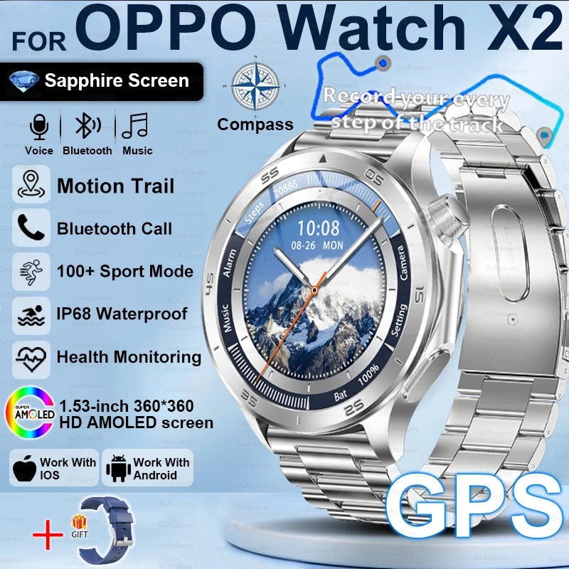 Pour OPPO X2 GPS montres intelligentes homme 360*360 AMOLED écran fréquence cardiaque Bluetooth appel IP68 étanche boussole sport Smartwatch 2025
