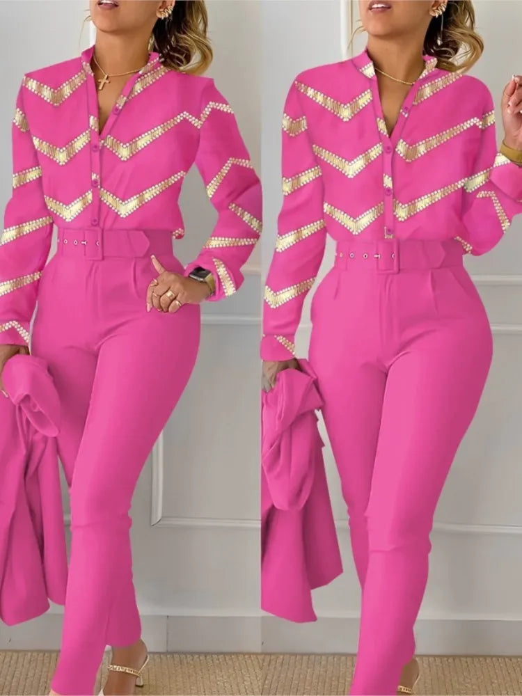 Ensemble chemise et pantalon à manches longues pour femmes, col montant, imprimé floral, chemise décontractée élégante, FJSuits avec ceinture, automne, hiver, 2 pièces