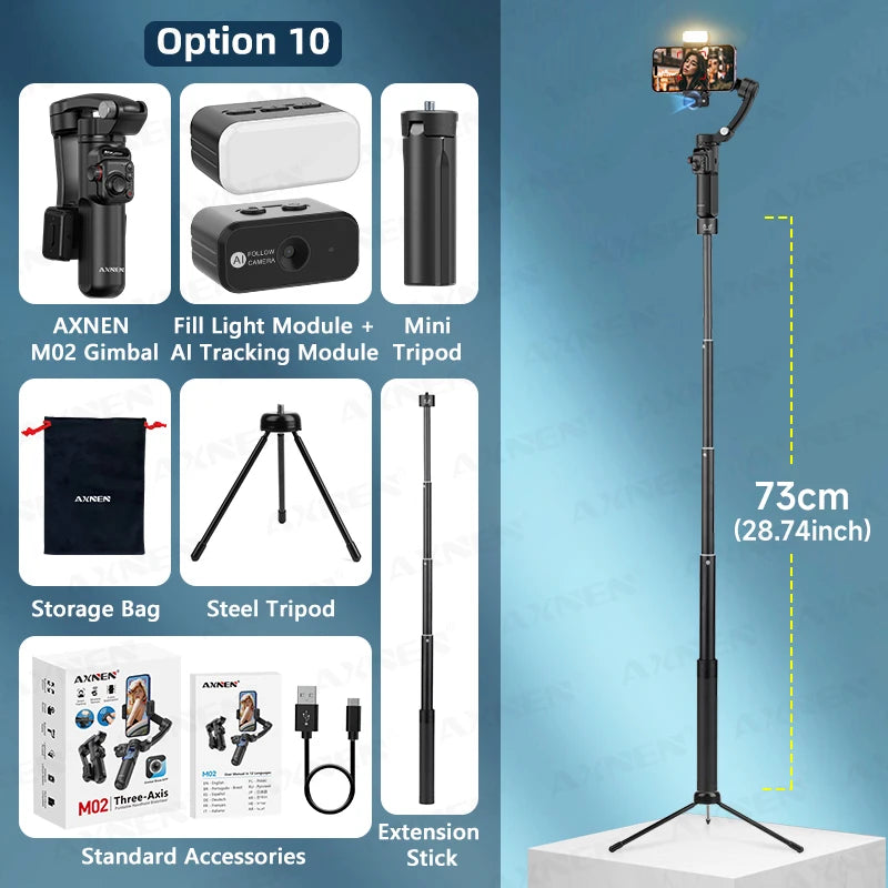 AXNEN M02 stabilisateur de Smartphone à cardan 3 axes Anti-secouement enregistrement vidéo jumelles de Selfie portables pour iPhone Android suivi du visage