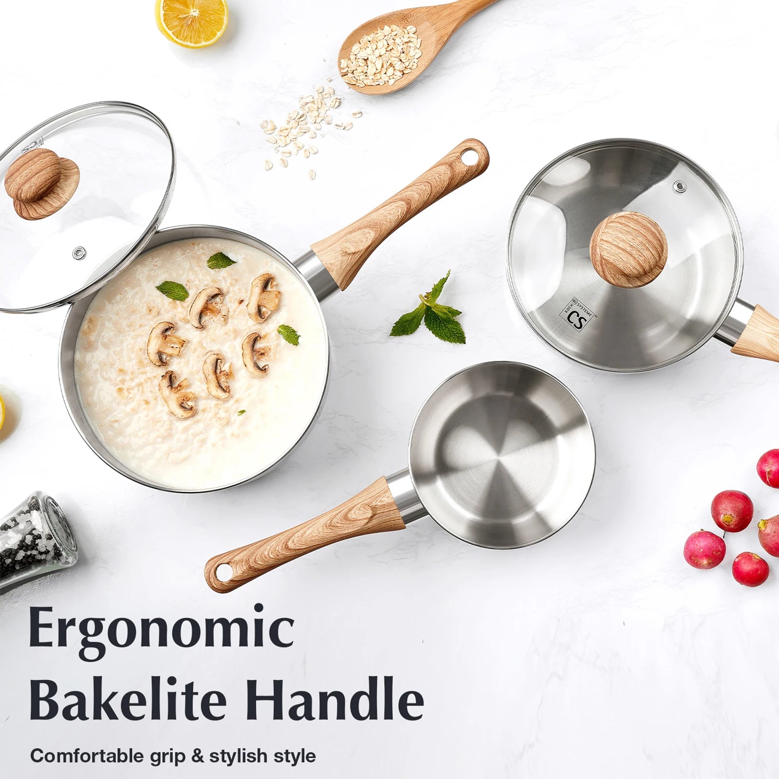 KOCH SYSTEME CS casserole en acier inoxydable 1QT/2QT/3QT Pot à lait antiadhésif avec poignée en bakélite résistante à la chaleur casseroles à Sauce Induction