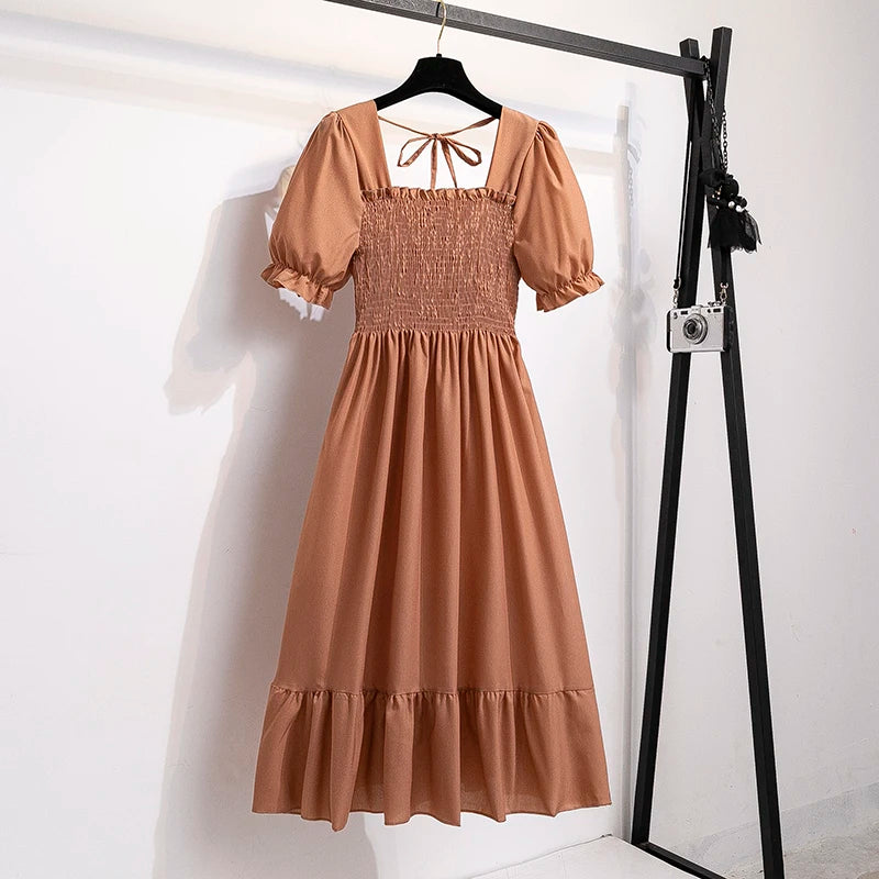 Printemps été robes en mousseline de soie mode femme taille élastique à manches courtes plissée tenue décontractée femmes robes a-ligne robes