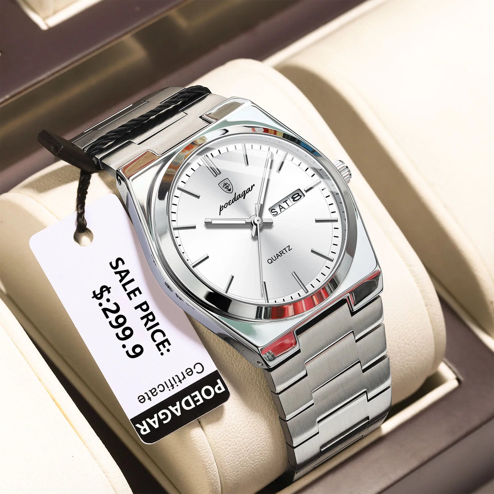 POEDAGAR Montre de luxe pour homme étanche lumineux Date Semaine en acier inoxydable Hommes Montre Casual Quartz Montres pour hommes Horloge masculine + boîte