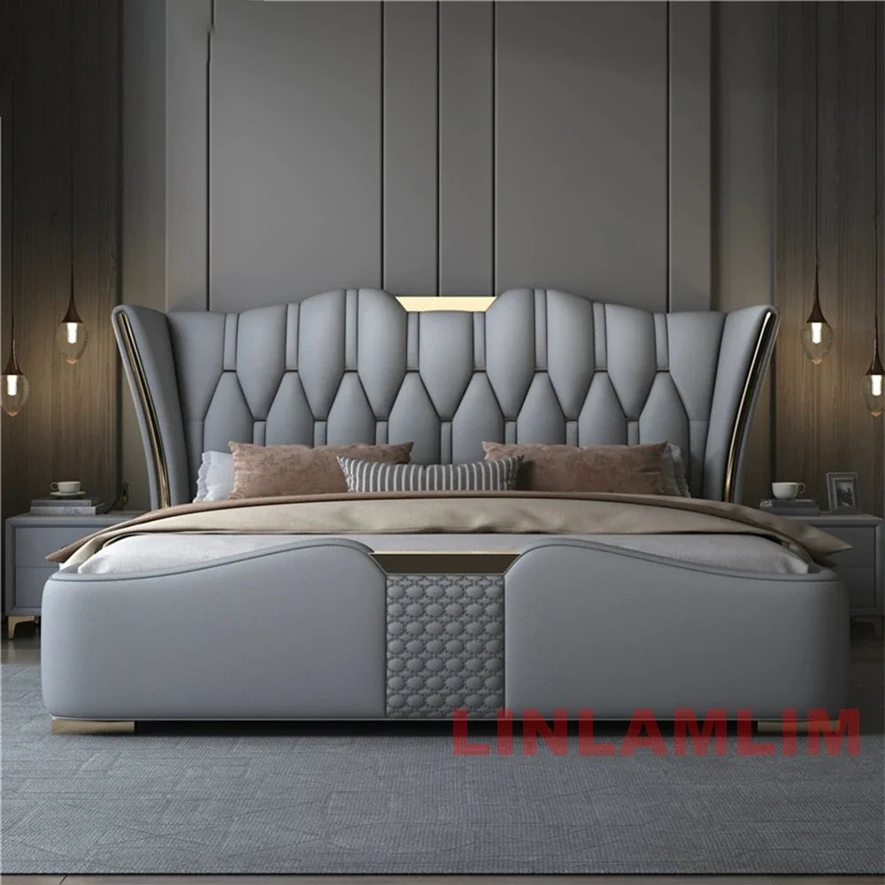 MINGDIBAO-Cadre de lit en cuir véritable avec Accents dorés, mobilier de luxe moderne, design, pour chambre à coucher, queen/king size