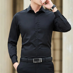 Chemise d'affaires à manches longues pour hommes, grande taille, couleur unie, mode classique, basique, décontractée, Slim, blanche, vêtements de marque, nouvelle collection