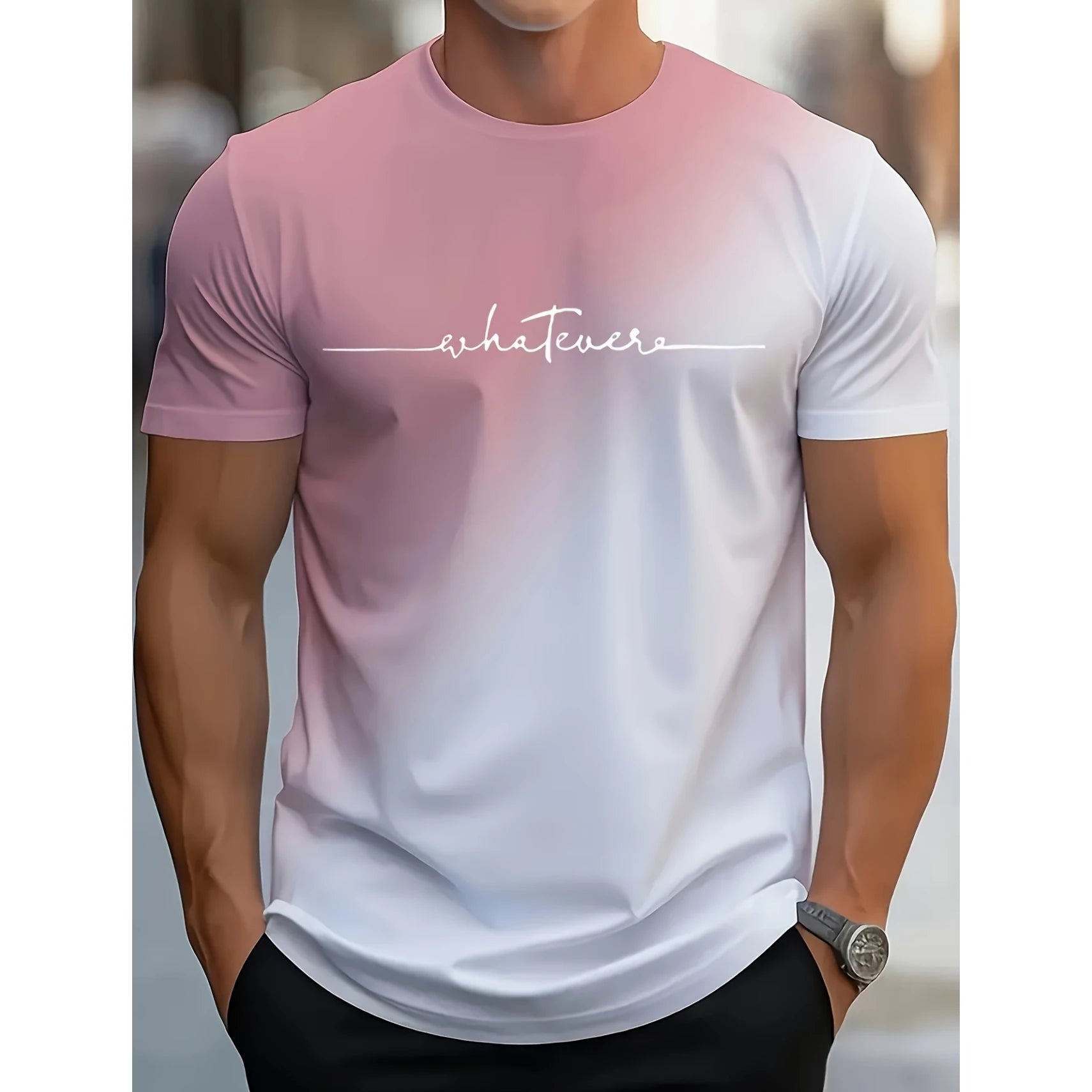 2024 Summer Fashion Men's Clothing Trendy Design Gradient Color Letter Print T-Shirt Top Breathable Soft Short Sleeve Menswear