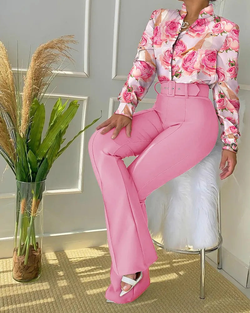 Ensemble 2 pièces pantalon et chemisier à ceinture pour femme, streetwear féminin, tenues décontractées, polyvalent, imbibé, mode, automne, hiver, nouveau, 2023