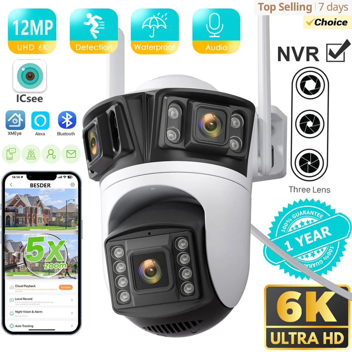 BESDER 6K 12MP HD trois écrans WIFI caméra IP extérieure trois objectifs Ai détection humaine étanche CCTV vidéo caméra de sécurité iCsee