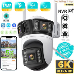 BESDER 6K 12MP HD trois écrans WIFI caméra IP extérieure trois objectifs Ai détection humaine étanche CCTV vidéo caméra de sécurité iCsee