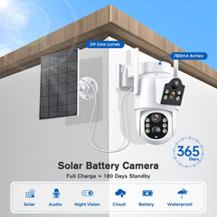 Caméra IP solaire WiFi extérieure double objectif PTZ caméra de sécurité 4MP HD batterie intégrée panneau solaire caméra sans fil alarme PIR iCsee