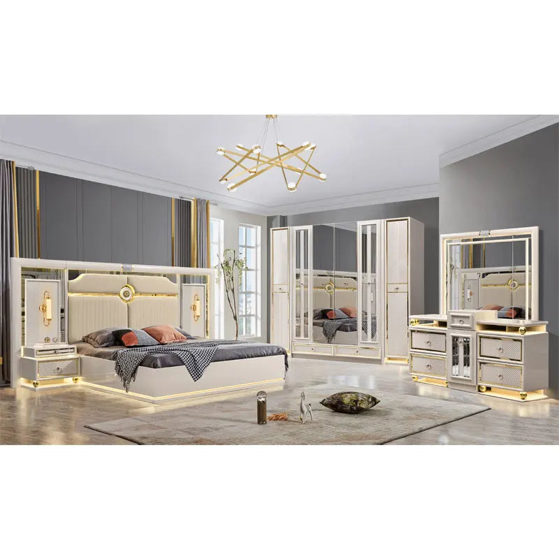 Cadre en bois de Style Royal, lit Double King Size en cuir, MDF en bois doré, ensemble de meubles de luxe pour chambre à coucher complète