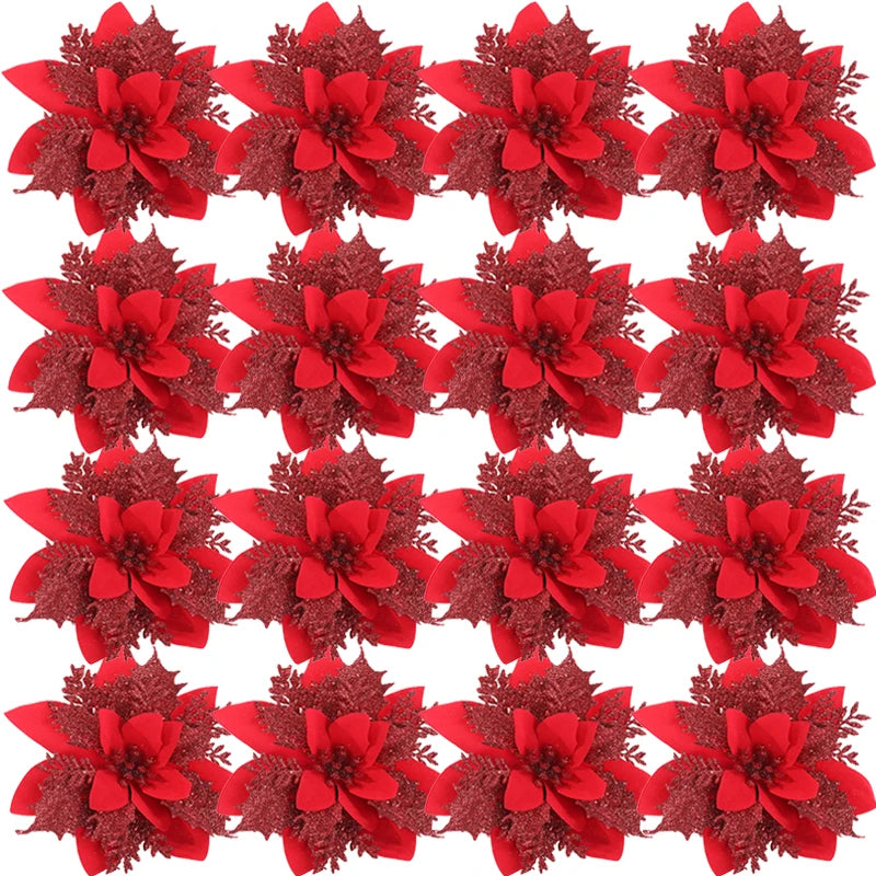 Poinsettia artificielle fleurs de noël rouge or étincelle fausse fleur pour ornements d'arbre de noël fleurs fête décor à la maison