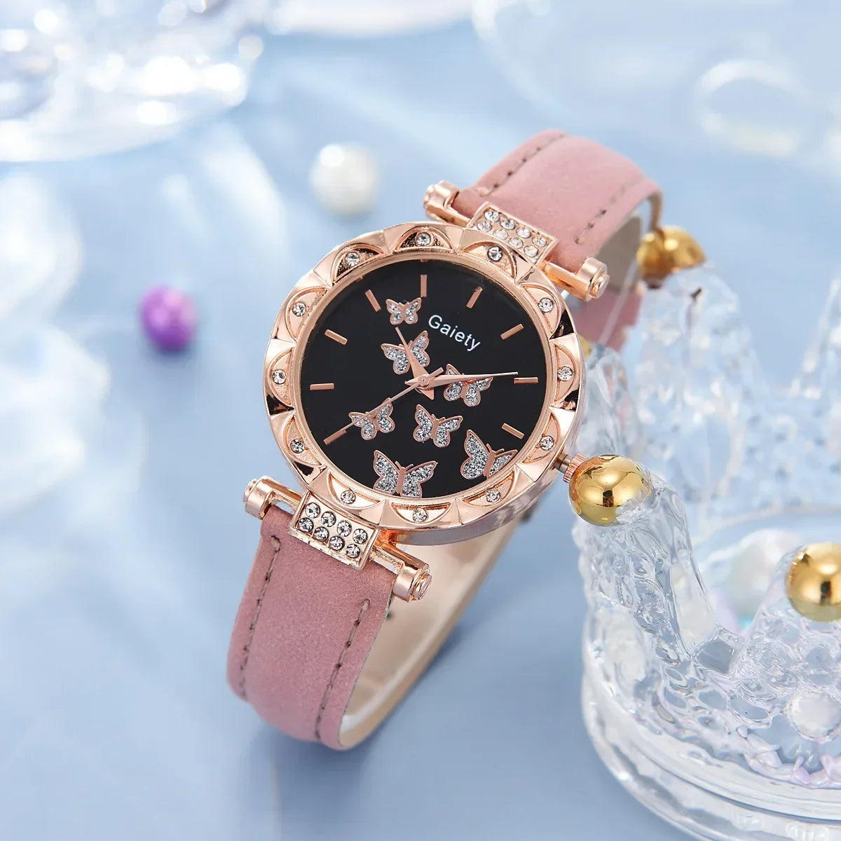 Set Femmes Montre Bague Collier Boucles d’oreilles Bracelet Ensemble Montres Papillon Bracelet En Cuir Dames Quartz Montre-bracelet (Pas de boîte)