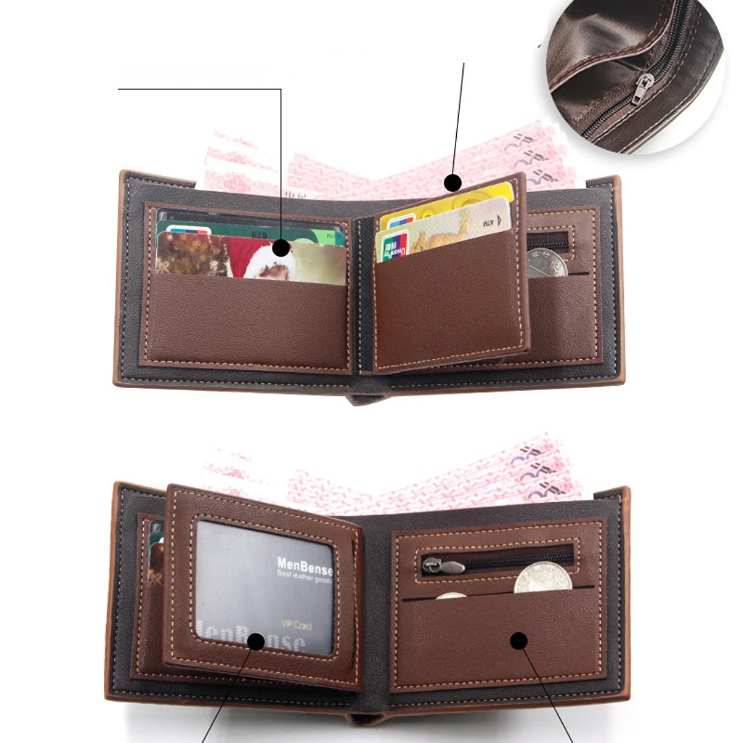 New Men's Wallet Short Cross Section Youth Tri-fold Wallet Stitching Business Multi-card Zipper Coin Purse Wallet Passport Cover