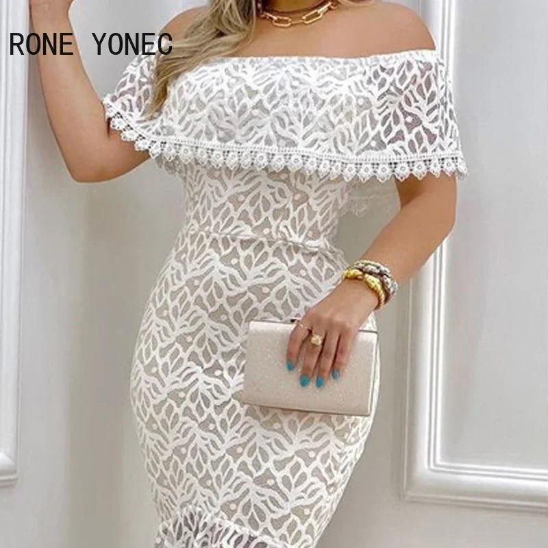 Robe de soirée formelle pour femme, ourlet à volants, dentelle, solide, chic, sexy