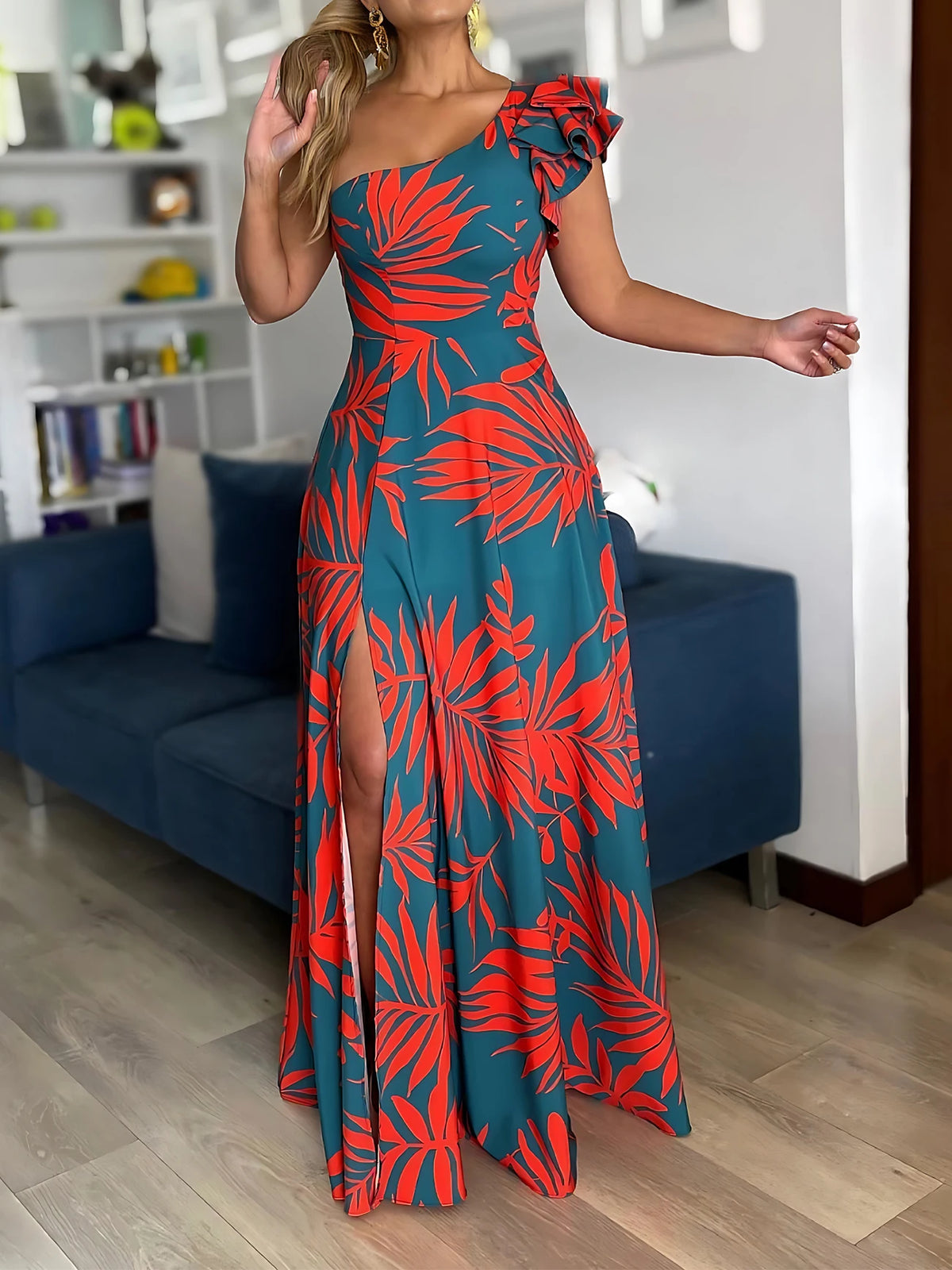 Robe longue à imprimé tropical à une épaule pour femmes, ourlet fendu, style décontracté, élégante, robe trapèze, tissée, robe, printemps/été/automne
