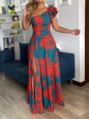 Robe longue à imprimé tropical à une épaule pour femmes, ourlet fendu, style décontracté, élégante, robe trapèze, tissée, robe, printemps/été/automne